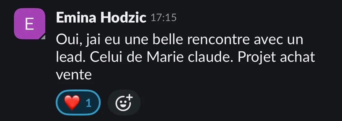 Message Slack d'Emina Hodzic : « Oui, jai eu une belle rencontre avec un lead. Celui de Marie claude. Projet achat vente ».
